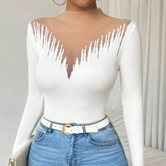 Autumn Winter New Sheer Mock Neck Slim Fitted Knit Top For Women